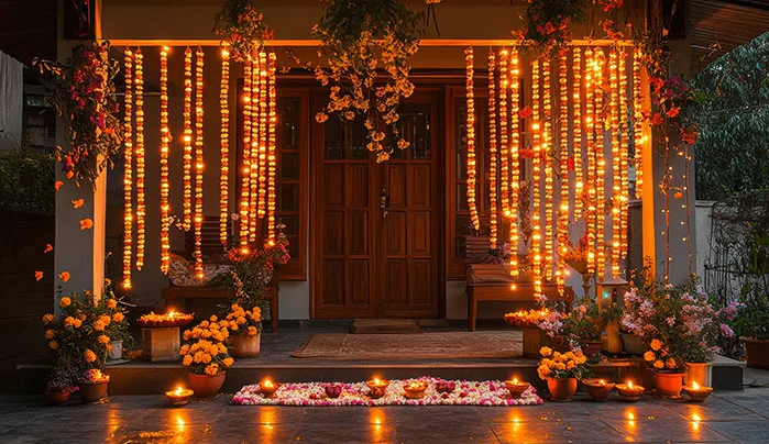 Entryway draped in warm string lights with marigolds and diyas for Diwali
