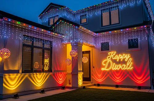 Home decorated with warm gold and multicolor Diwali lighting and a Happy Diwali sign
